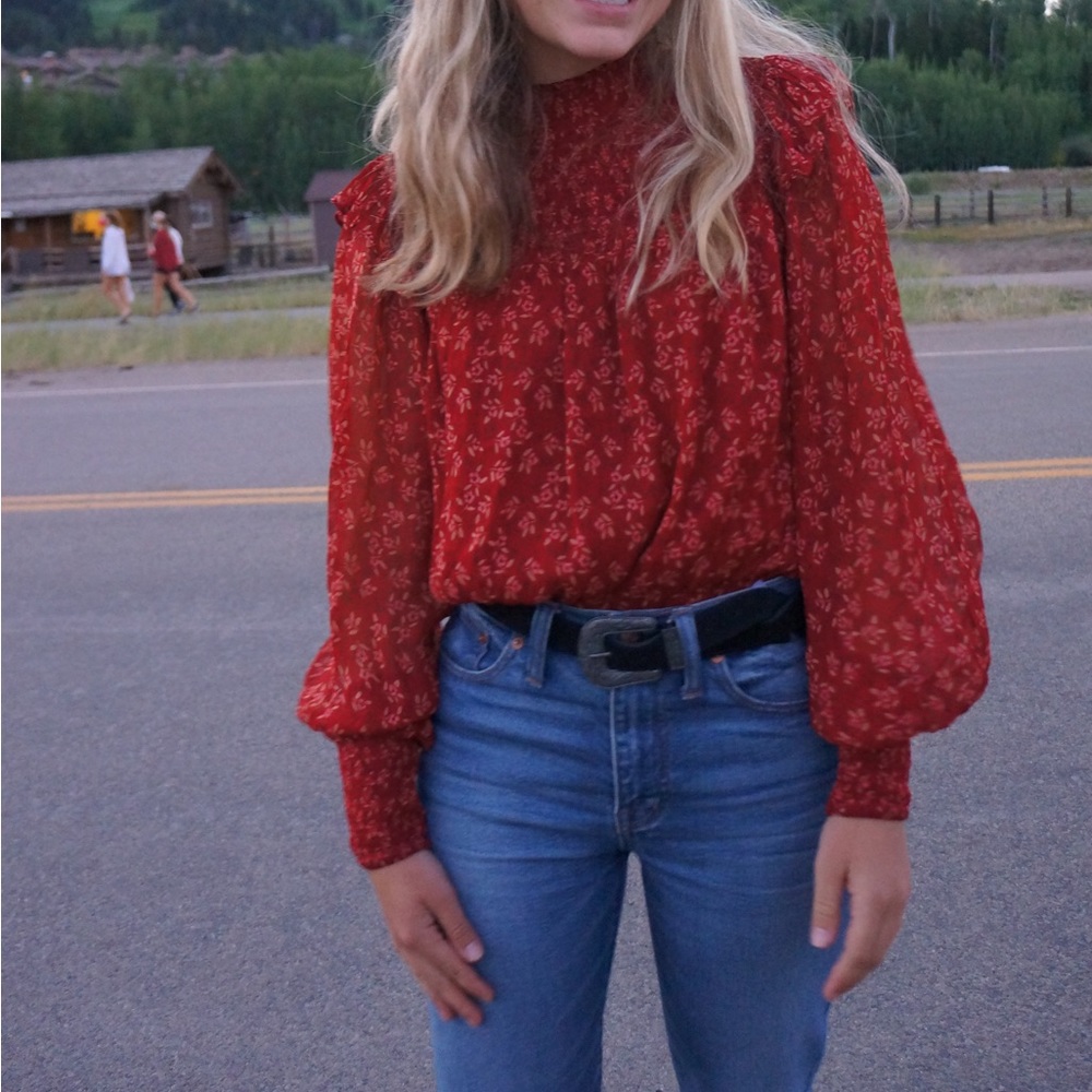 Free People Blouse - Ruffles, Sheer Smocked Sleeves, Floral, Smocked Waist, XS